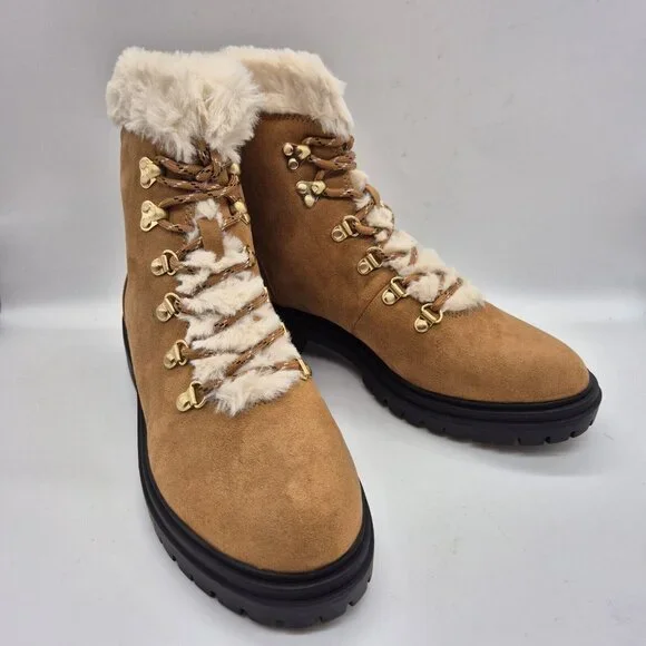 J. Crew Women's Faux Fur Winter Hiking Boots Size 10.5 Chestnut Brown - Picture 2 of 11